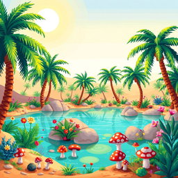 A vibrant pixel art scene depicting an oasis in a desert setting