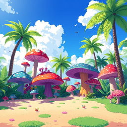 A vibrant pixel art scene of a lush oasis, featuring large, colorful mushrooms in various shapes and sizes, surrounded by palm trees and exotic plants