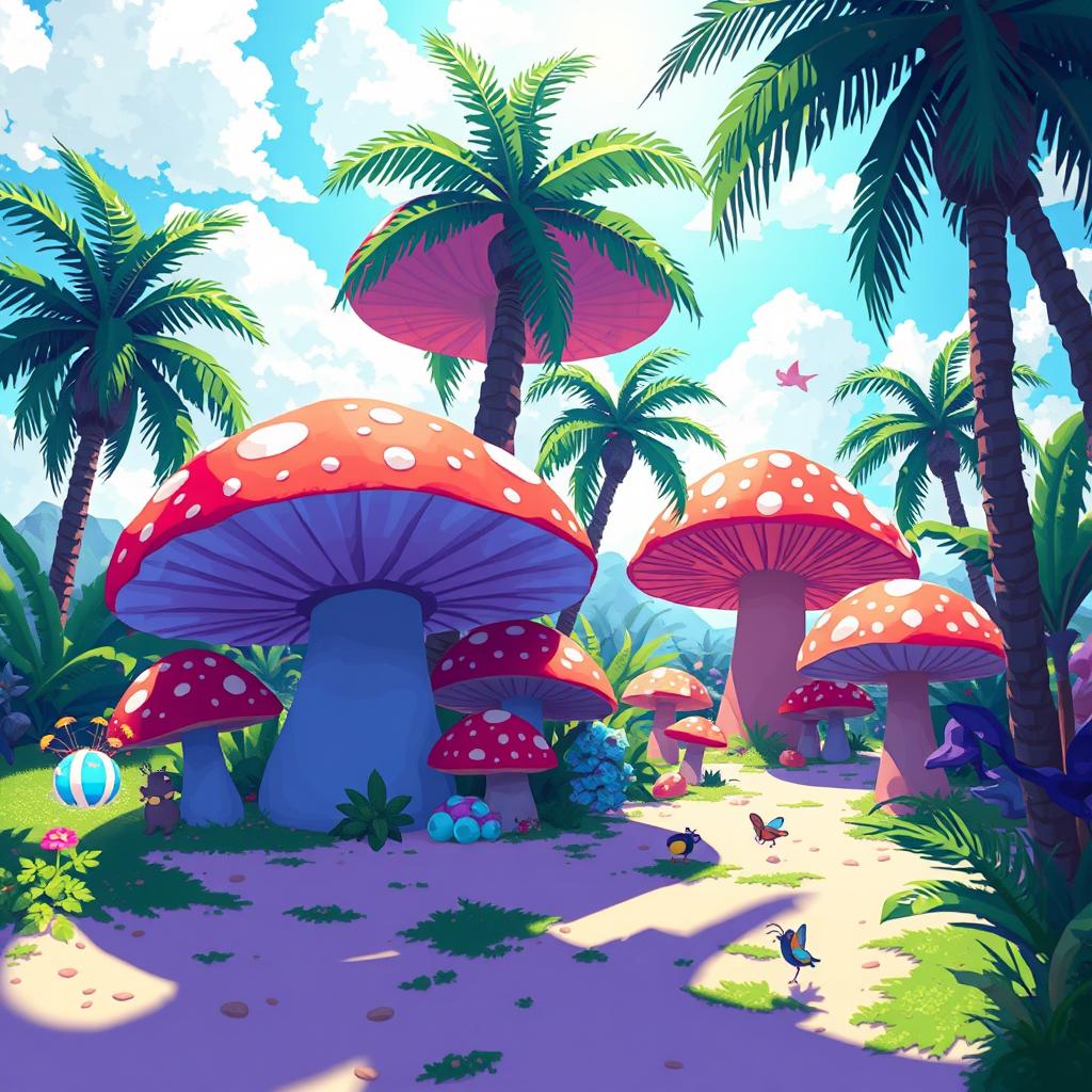 A vibrant pixel art scene of a lush oasis, featuring large, colorful mushrooms in various shapes and sizes, surrounded by palm trees and exotic plants