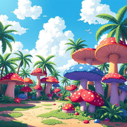 A vibrant pixel art scene of a lush oasis, featuring large, colorful mushrooms in various shapes and sizes, surrounded by palm trees and exotic plants