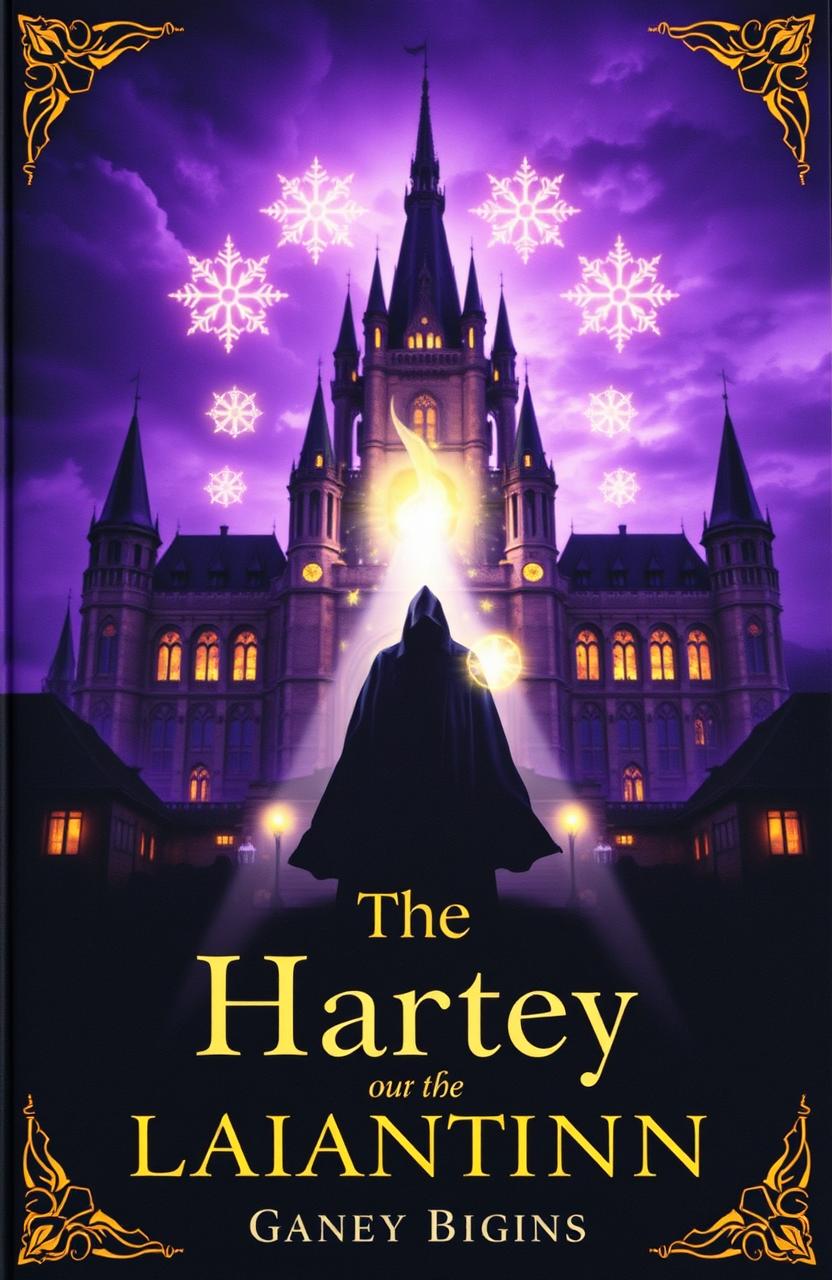 A dark fantasy book cover featuring a majestic grand castle in the background, surrounded by deep purples, gold, and black, creating a rich, mystical atmosphere