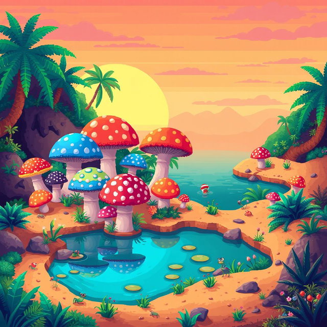 A vibrant pixel art scene depicting an oasis surrounded by lush greenery and vibrant colors