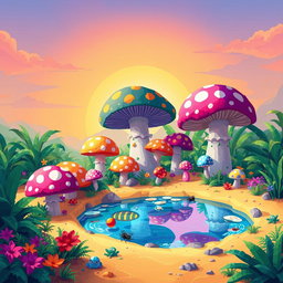 A vibrant pixel art scene depicting an oasis surrounded by lush greenery and vibrant colors