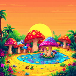 A vibrant pixel art scene depicting an oasis surrounded by lush greenery and vibrant colors