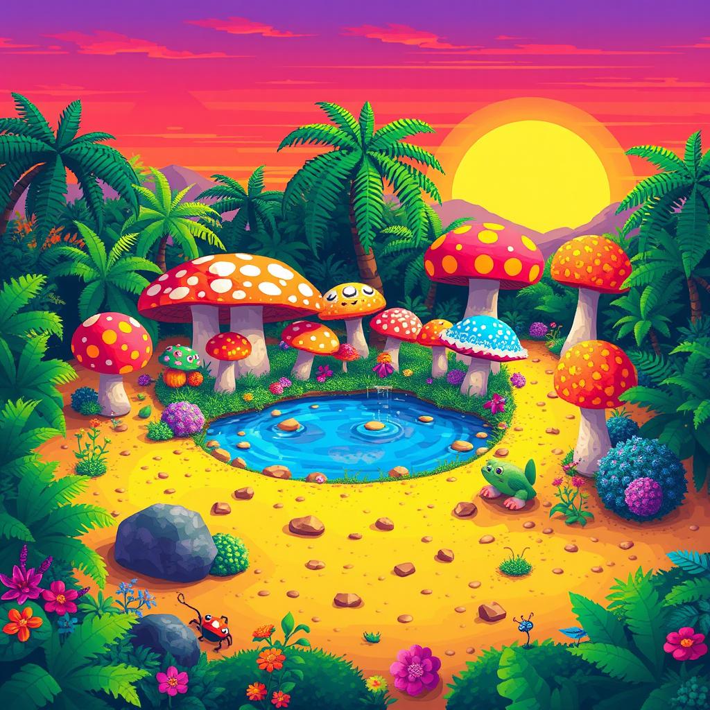 A vibrant pixel art scene depicting an oasis surrounded by lush greenery and vibrant colors