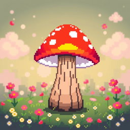 A vibrant pixel art representation of a whimsical mushroom lamp