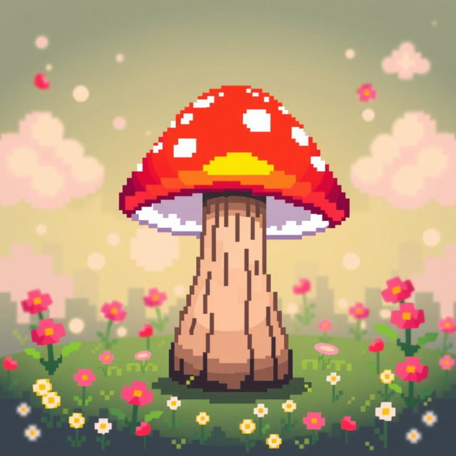 A vibrant pixel art representation of a whimsical mushroom lamp