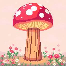 A vibrant pixel art representation of a whimsical mushroom lamp