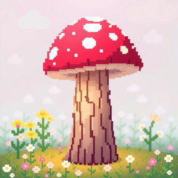 A vibrant pixel art representation of a whimsical mushroom lamp