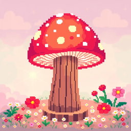 A vibrant pixel art representation of a whimsical mushroom lamp