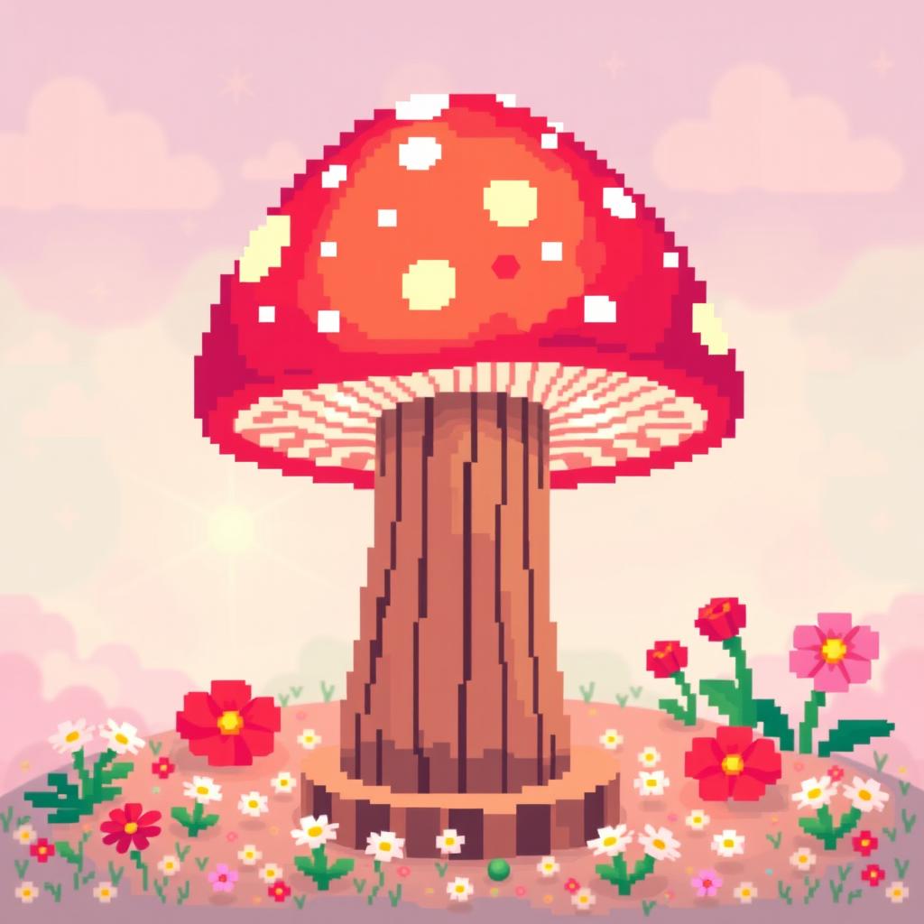 A vibrant pixel art representation of a whimsical mushroom lamp