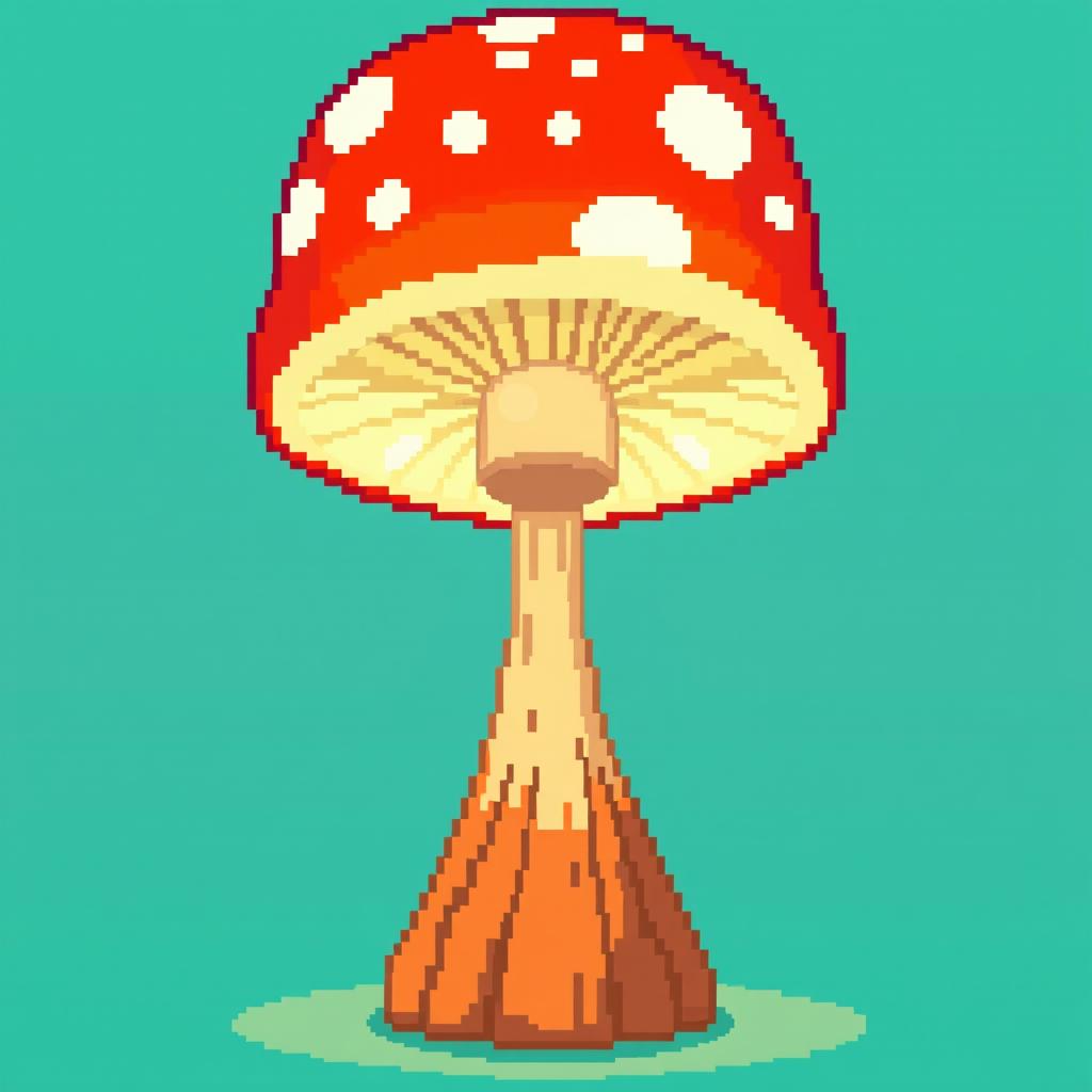A vibrant pixel art representation of a whimsical mushroom lamp