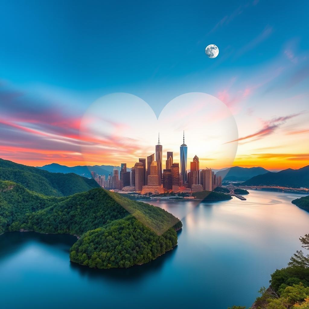 A beautiful scenic landscape of a serene lake surrounded by lush green mountains during sunset, with the vibrant oranges and pinks of the sky reflecting on the water's surface