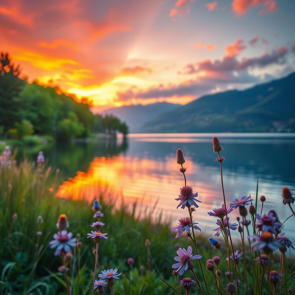 Create a stunning full art image that features a picturesque landscape with a sunset over a tranquil lake