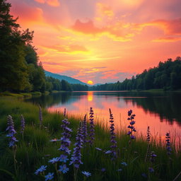 Create a stunning full art image that features a picturesque landscape with a sunset over a tranquil lake