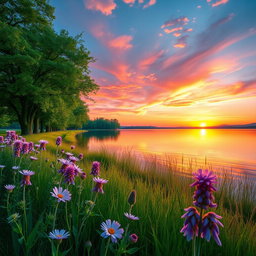 Create a stunning full art image that features a picturesque landscape with a sunset over a tranquil lake