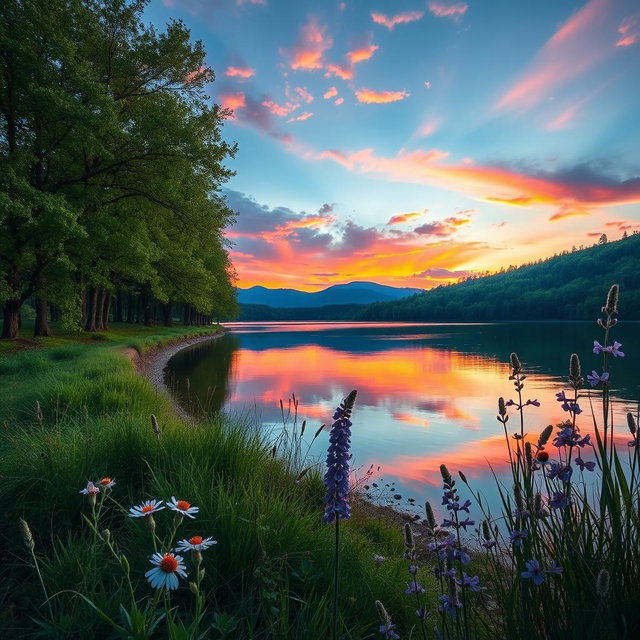 Create a stunning full art image that features a picturesque landscape with a sunset over a tranquil lake