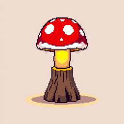 A whimsical pixel art depiction of a mushroom lamp, featuring a vibrant red mushroom cap with white spots, a glowing yellow light emanating from underneath, and a rustic wooden base