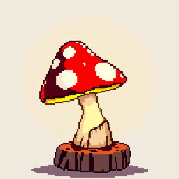 A whimsical pixel art depiction of a mushroom lamp, featuring a vibrant red mushroom cap with white spots, a glowing yellow light emanating from underneath, and a rustic wooden base