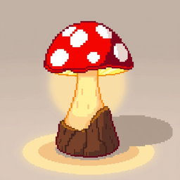 A whimsical pixel art depiction of a mushroom lamp, featuring a vibrant red mushroom cap with white spots, a glowing yellow light emanating from underneath, and a rustic wooden base