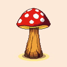 A whimsical pixel art depiction of a mushroom lamp, featuring a vibrant red mushroom cap with white spots, a glowing yellow light emanating from underneath, and a rustic wooden base