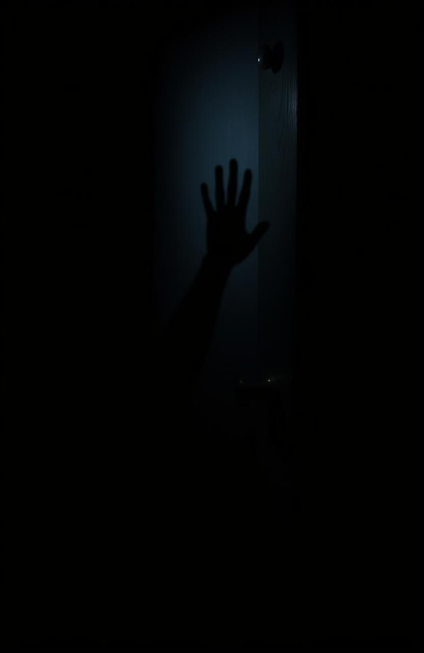 A dark and eerie scene featuring a slightly opened door that casts an unsettling atmosphere