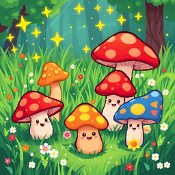 A cute, whimsical pixel art depiction of mushrooms in a colorful forest setting