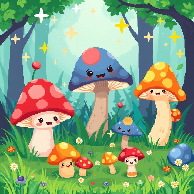 A cute, whimsical pixel art depiction of mushrooms in a colorful forest setting