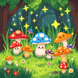 A cute, whimsical pixel art depiction of mushrooms in a colorful forest setting