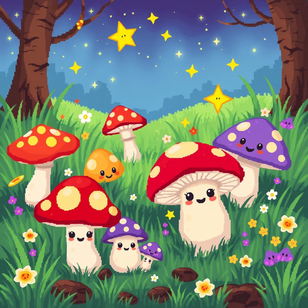 A cute, whimsical pixel art depiction of mushrooms in a colorful forest setting