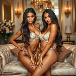 Gorgeous young twin sisters, aged 18 and 19, with tan Arabic skin and long brunette hair, elegantly posed in stunning lingerie