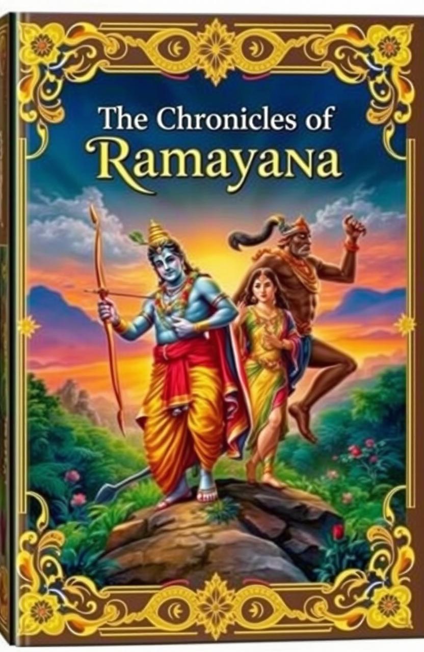 A stunning book cover depicting a retelling of the Ramayana, featuring Rama in a heroic pose, holding a bow and arrow, standing confidently beside Sita, who is draped in colorful traditional attire, radiating grace and beauty