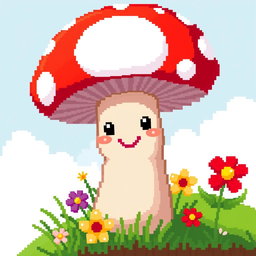 A cute, pixel art depiction of a mushroom, with a bright red cap dotted with white spots, a charming smiling face, and a friendly expression