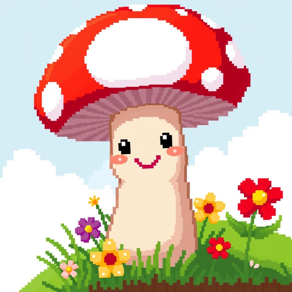 A cute, pixel art depiction of a mushroom, with a bright red cap dotted with white spots, a charming smiling face, and a friendly expression