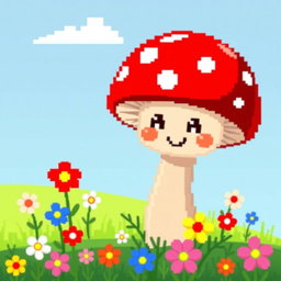 A cute, pixel art depiction of a mushroom, with a bright red cap dotted with white spots, a charming smiling face, and a friendly expression