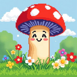 A cute, pixel art depiction of a mushroom, with a bright red cap dotted with white spots, a charming smiling face, and a friendly expression