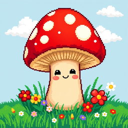 A cute, pixel art depiction of a mushroom, with a bright red cap dotted with white spots, a charming smiling face, and a friendly expression