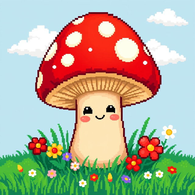 A cute, pixel art depiction of a mushroom, with a bright red cap dotted with white spots, a charming smiling face, and a friendly expression