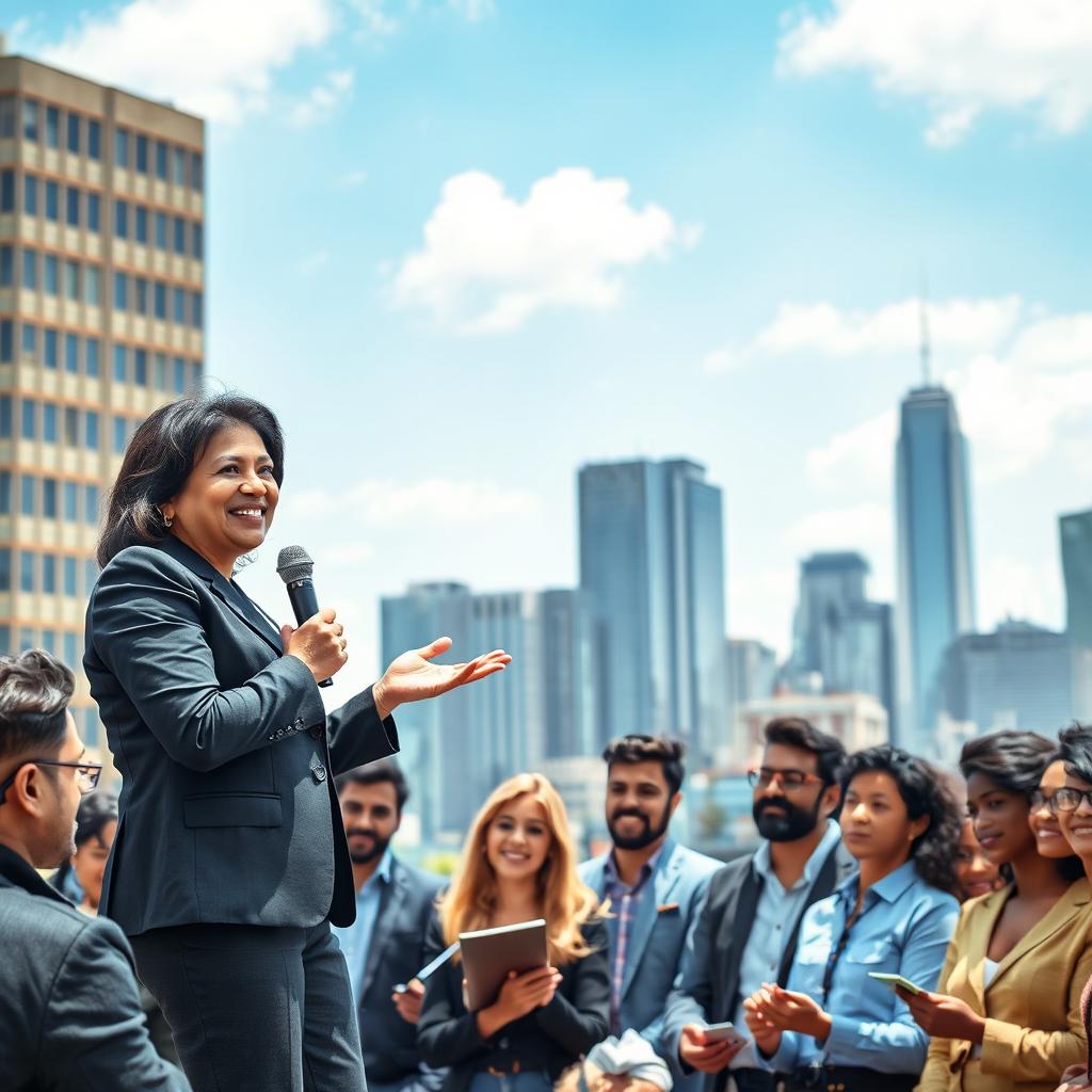 A powerful and inspiring scene depicting a charismatic leader addressing a diverse group of people in a dynamic city environment