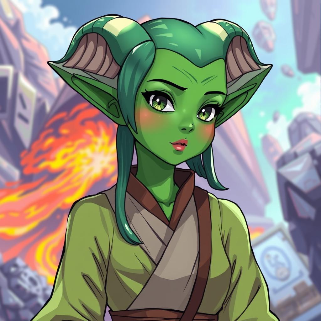 An anime-style illustration of a Twi'lek girl with vibrant green skin, showcasing her unique lekku (head-tails) gracefully cascading down her shoulders