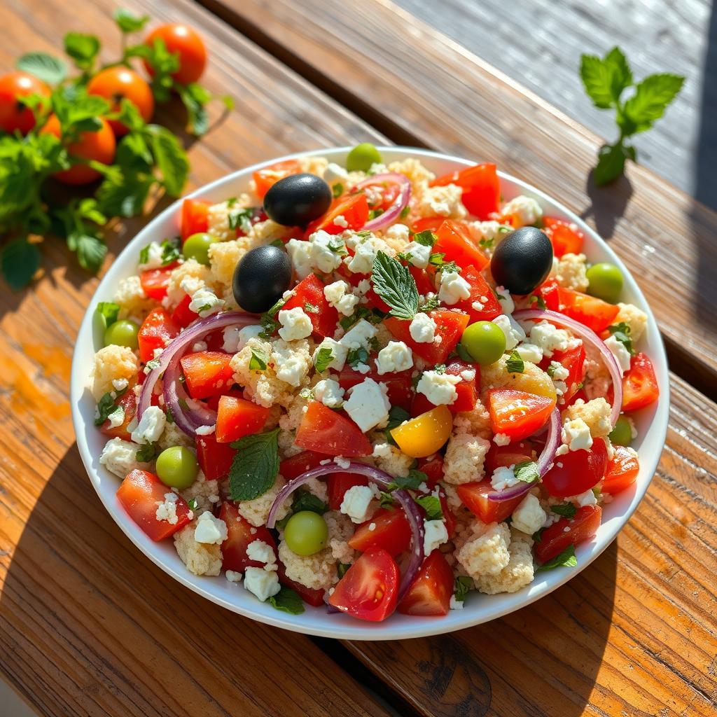 A vibrant and colorful dish of Trahana salad, featuring finely crumbled trahanas, ripe diced tomatoes, crisp cucumbers, red onions, fresh herbs such as parsley and mint, and a drizzle of extra virgin olive oil