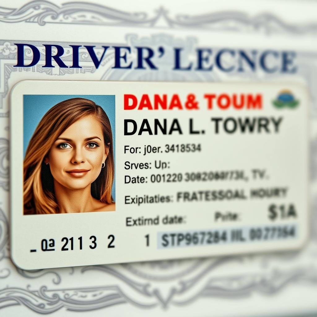 A realistic driver's license featuring the name 'DANA L TOWRY'