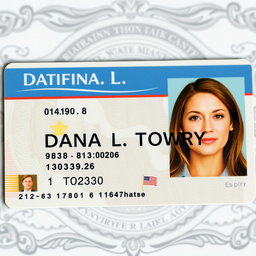 A realistic driver's license featuring the name 'DANA L TOWRY'