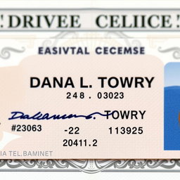 A realistic driver's license featuring the name 'DANA L TOWRY'