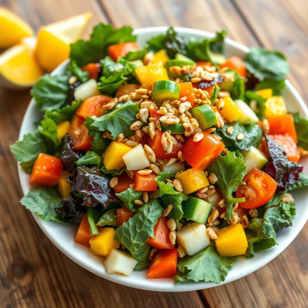 A vibrant and colorful Palava salad featuring leafy greens like spinach and kale, mixed with a variety of fresh vegetables such as tomatoes, cucumbers, carrots, and bell peppers