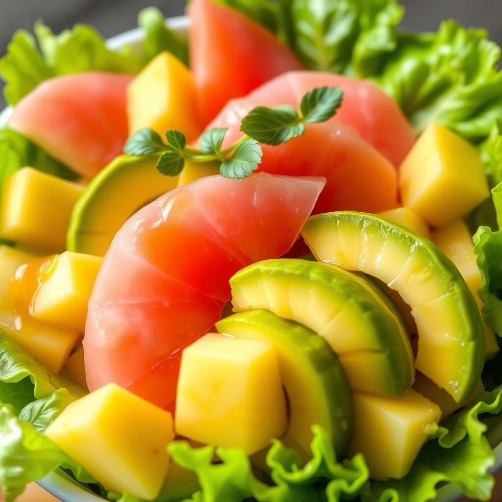 A vibrant and colorful salad featuring pomelo, avocado, pineapple, and fresh lettuce