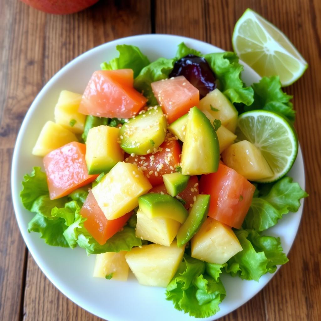A vibrant and refreshing salad featuring pomelo, avocado, pineapple, and crisp lettuce