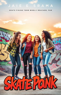 A vibrant and colorful book cover featuring a group of diverse teenagers hanging out in a lively urban skate park