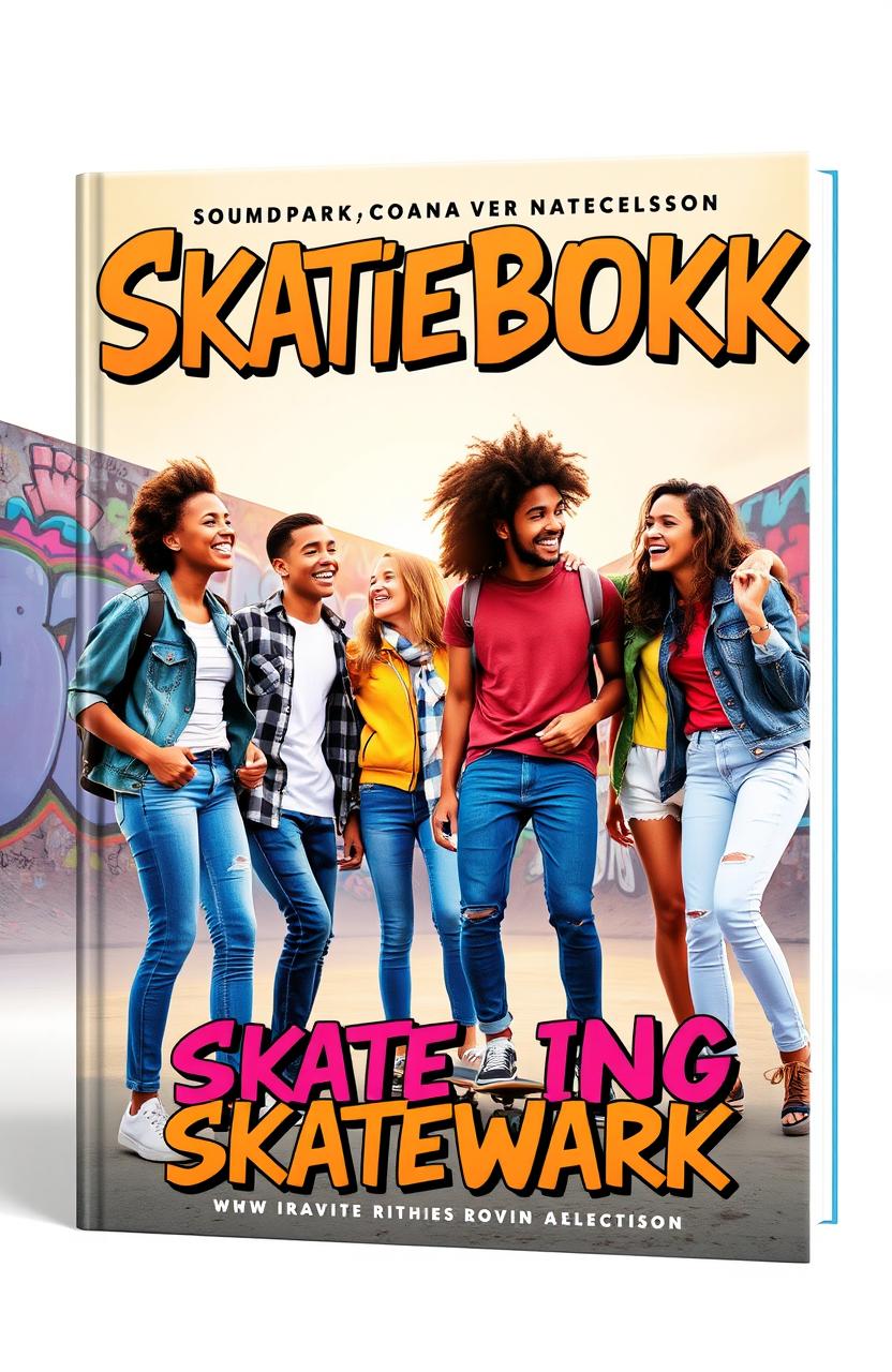 A vibrant and colorful book cover featuring a group of diverse teenagers hanging out in a lively urban skate park