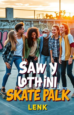 A vibrant and colorful book cover featuring a group of diverse teenagers hanging out in a lively urban skate park